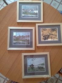Lotto 4 quadri vintage con cornice in metallo a so