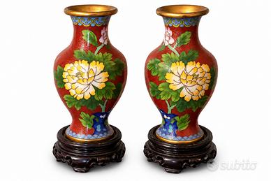 Coppia vasi orientali stile Cloisonné con basi