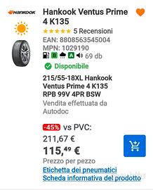 Pneumatici HANKOOK ventus prime 4, 215/55 R 18