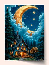 Night Landscape House  Forest Decorative Print