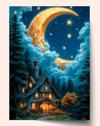 Night Landscape House  Forest Decorative Print