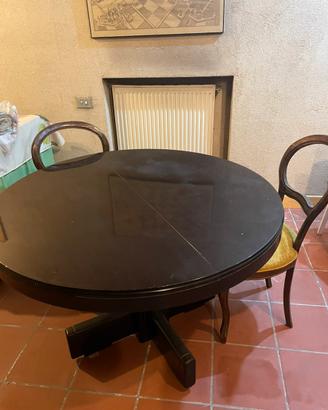 Tavolo rotondo allungabile in mogano + 4 sedie