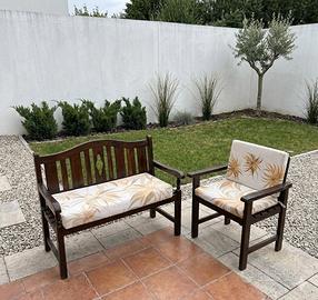 set da giardino panca e sedia legno con cuscini