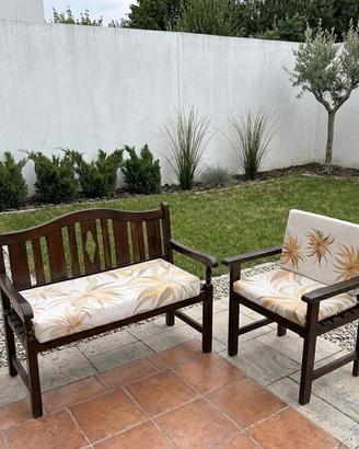 set da giardino panca e sedia legno con cuscini
