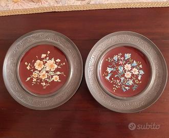 Piatto peltro e ceramica dipinto a mano con fiori
