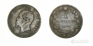 Moneta 5 centesimi 1862 vittorio emanuele ii