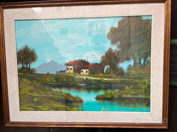 Quadro dipinto su tela paesaggio rurale
