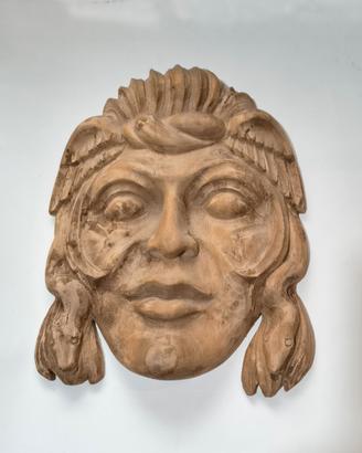 Maschera Antica Medusa Legno Monoblocco Scolpito M