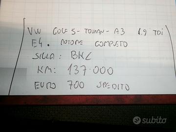 Motore completo vw golf 5-touran-a3 1.9 tdi e4