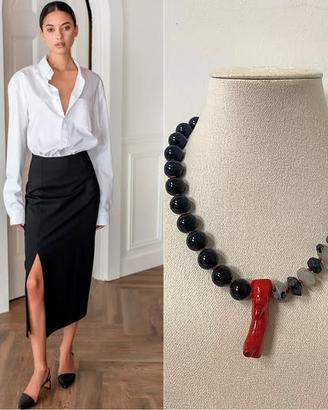 Collana con onice nero naturale e corallo