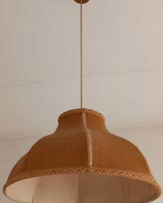 Lampadario vintage in corda e tessuto beige/ocra