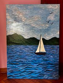 Dipinto su tela unico paesaggio mare e montagne