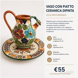 Vaso brocca con piatto in ceramica dipinta a mano