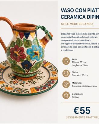 Vaso brocca con piatto in ceramica dipinta a mano