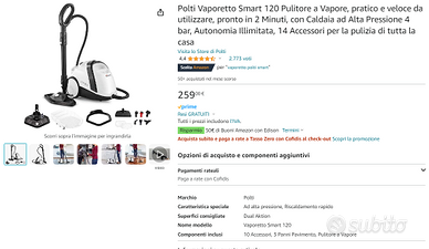 Polti Vaporetto Smart 120 Pulitore a Vapore, veloce da utilizzare, pronto  in 2 Minuti, con Caldaia ad Alta Pressione 4 bar, Autonomia Illimitata, 14  Accessori per la pulizia di tutta la casa 