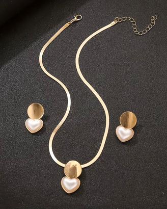 Set Collana e Orecchini Cuore Perla Oro Elegante