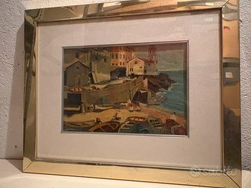 Quadro paesaggio marino con barche e case