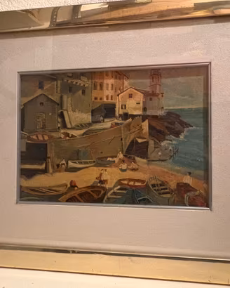 Quadro paesaggio marino con barche e case