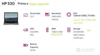 LAPTOP HP 530 UPGRADE HARDWARE+USB WIFI AC+SSD