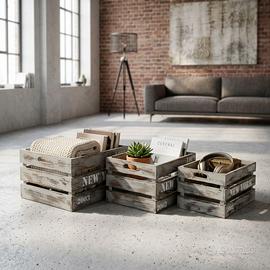 Set 3 Cassette Industriali in Legno Stampa Vintage
