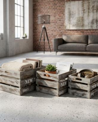 Set 3 Cassette Industriali in Legno Stampa Vintage