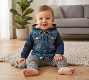 Felpa con cappuccio ed inserti in denim