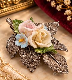 Spilla vintage argento 800 rose porcellana artigan
