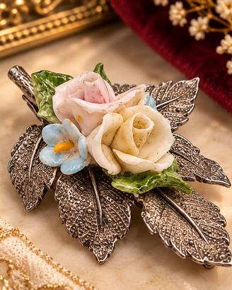 Spilla vintage argento 800 rose porcellana artigan
