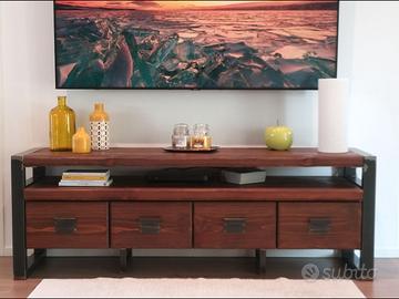 Mobile porta TV in legno massello e ferro grezzo