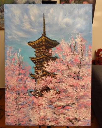Dipinto moderno, Sakura, olio su tela di 50x70 cm