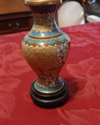 Vasetto Cloisonné vintage fondo beige decoro azzur