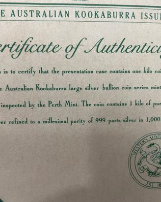 30 dollari australiani 1992 da 1 kg argento puro