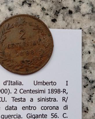 Non comune 2 centesimi 1898 Roma Umberto I