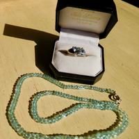 Collana+anello acquamarina,chius.oro,2 Trilliant