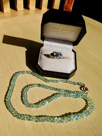 Collana+anello acquamarina,chius.oro,2 Trilliant