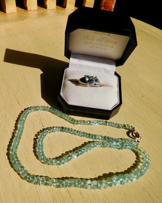 Collana+anello acquamarina,chius.oro,2 Trilliant