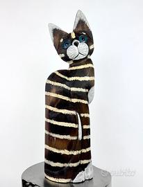 Gatto scultura in legno dipinto a mano