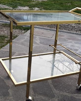 Carrello portabottiglie/vivande in ottone e vetro