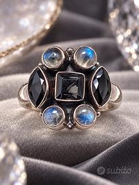 Anello argento 925 labradorite e onice art decó