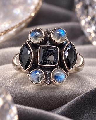 Anello argento 925 labradorite e onice art decó