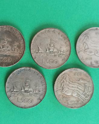 Lotto 5 monete 500 lire argento 