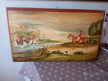 Quadro vintage su legno scena di caccia alla volpe