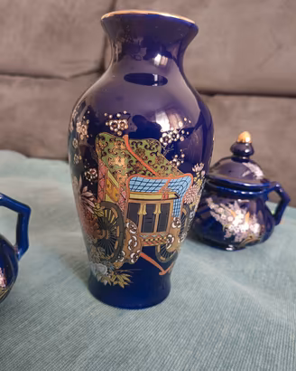 Trittico Vasi Vintage Blu Cobalto e Oro