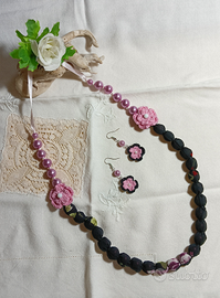 Parure collana e orecchini stoffa nera anallergica