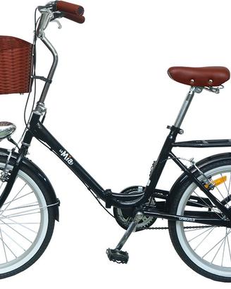 Bici pieghevole in acciaio nero con cestino e luci