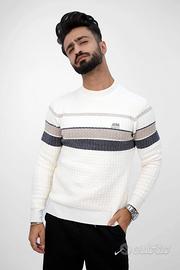 Maglione Uomo Panna con Righe Verde-Grigio