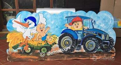 Cicogna da esterno in legno fiocco nascita