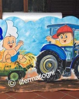 Cicogna da esterno in legno fiocco nascita