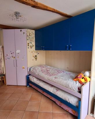 Cameretta Mistral con letti scorrevoli lilla e blu