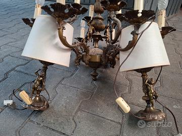 Lampadario vintage con coppia di abat jour